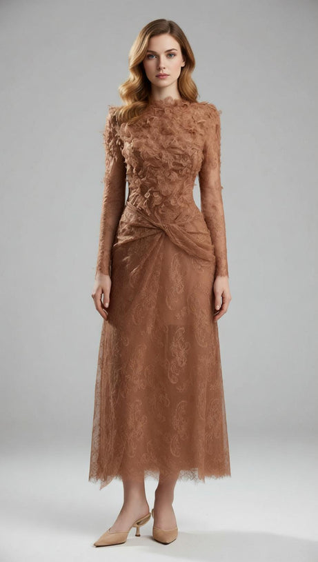 Jamar Romantic Lace Midi Dress | Elegant Long Sleeve Occasion Wear