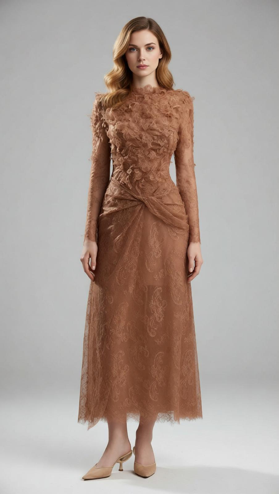 Jamar Romantic Lace Midi Dress | Elegant Long Sleeve Occasion Wear