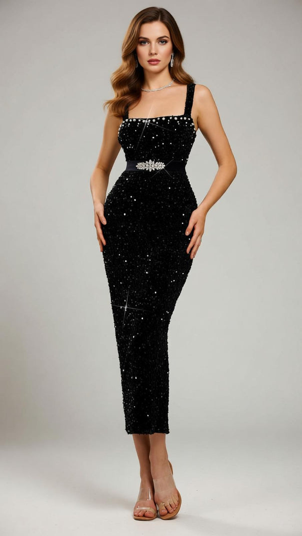 AIIZIE Jamil Dazzling Black Sequin Midi Dress | Embellished Waist & Strappy Glamour - product image