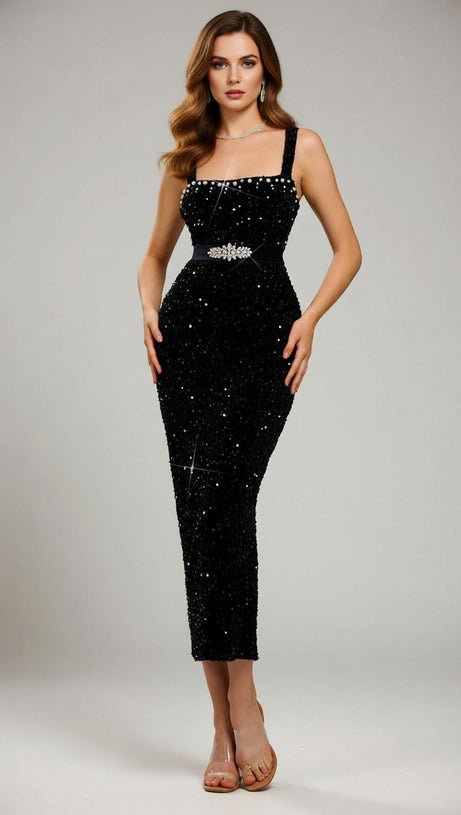 Jamil Dazzling Black Sequin Midi Dress | Embellished Waist & Strappy Glamour