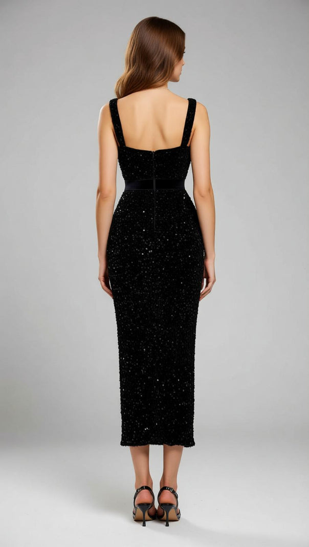 AIIZIE Jamil Dazzling Black Sequin Midi Dress | Embellished Waist & Strappy Glamour - product image
