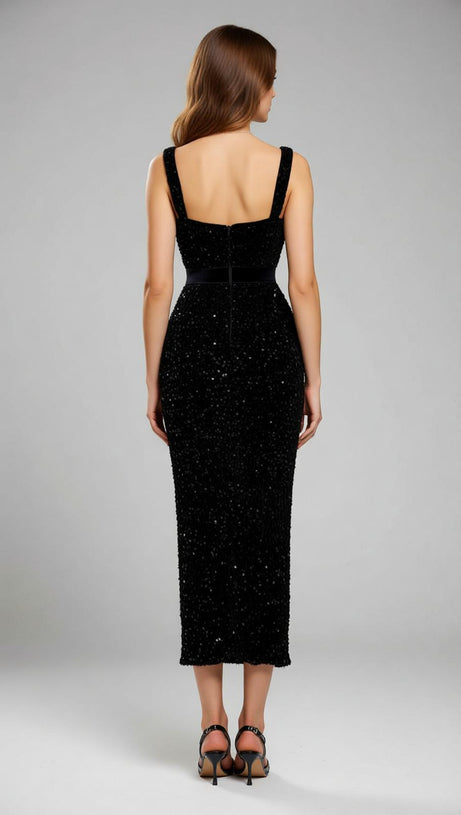 Jamil Dazzling Black Sequin Midi Dress | Embellished Waist & Strappy Glamour