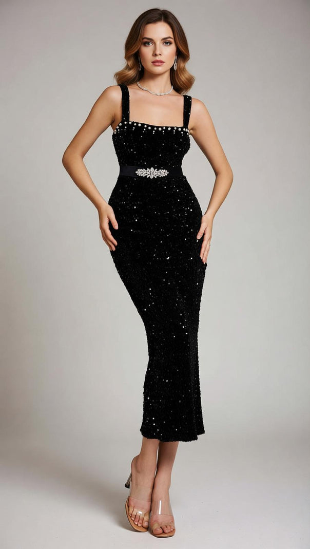 AIIZIE Jamil Dazzling Black Sequin Midi Dress | Embellished Waist & Strappy Glamour - product image