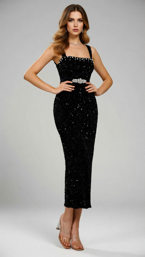 AIIZIE Jamil Dazzling Black Sequin Midi Dress | Embellished Waist & Strappy Glamour - product image