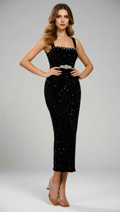 Jamil Dazzling Black Sequin Midi Dress | Embellished Waist & Strappy Glamour