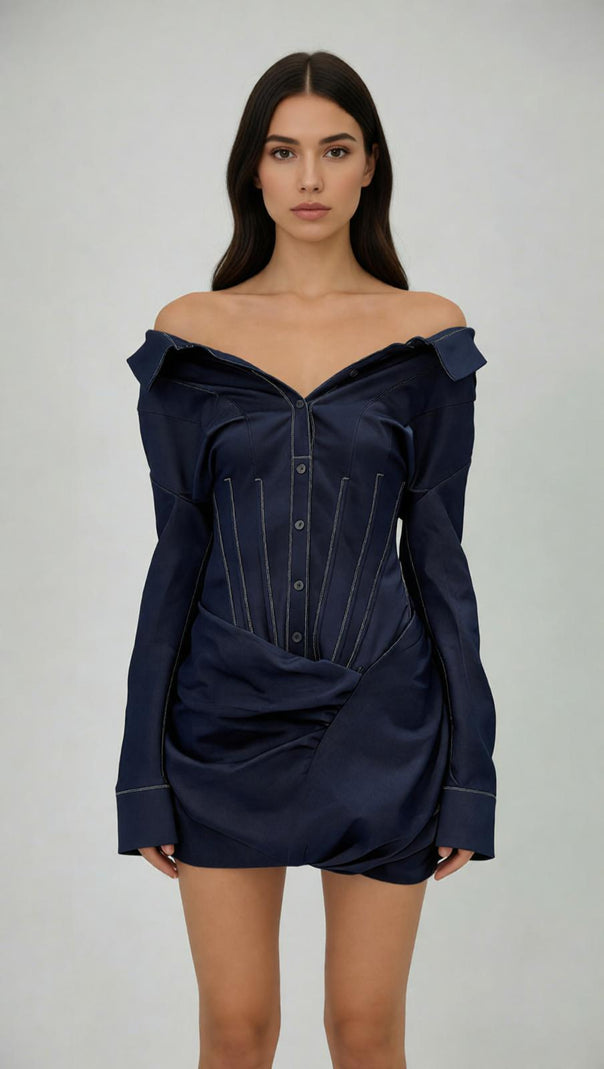 AIIZIE Jamila Off-Shoulder Long Sleeve Corset Denim Mini Dress - product image
