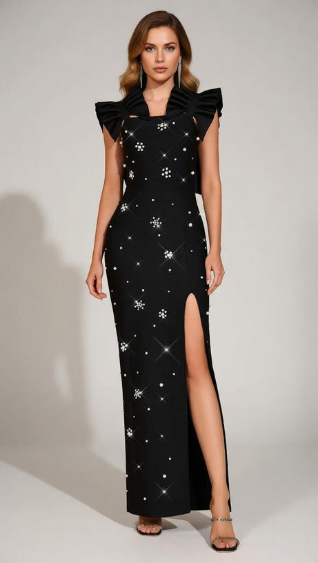Jamshid Black Pearl & Crystal Embellished Bandage Maxi Dress | High Slit Gown
