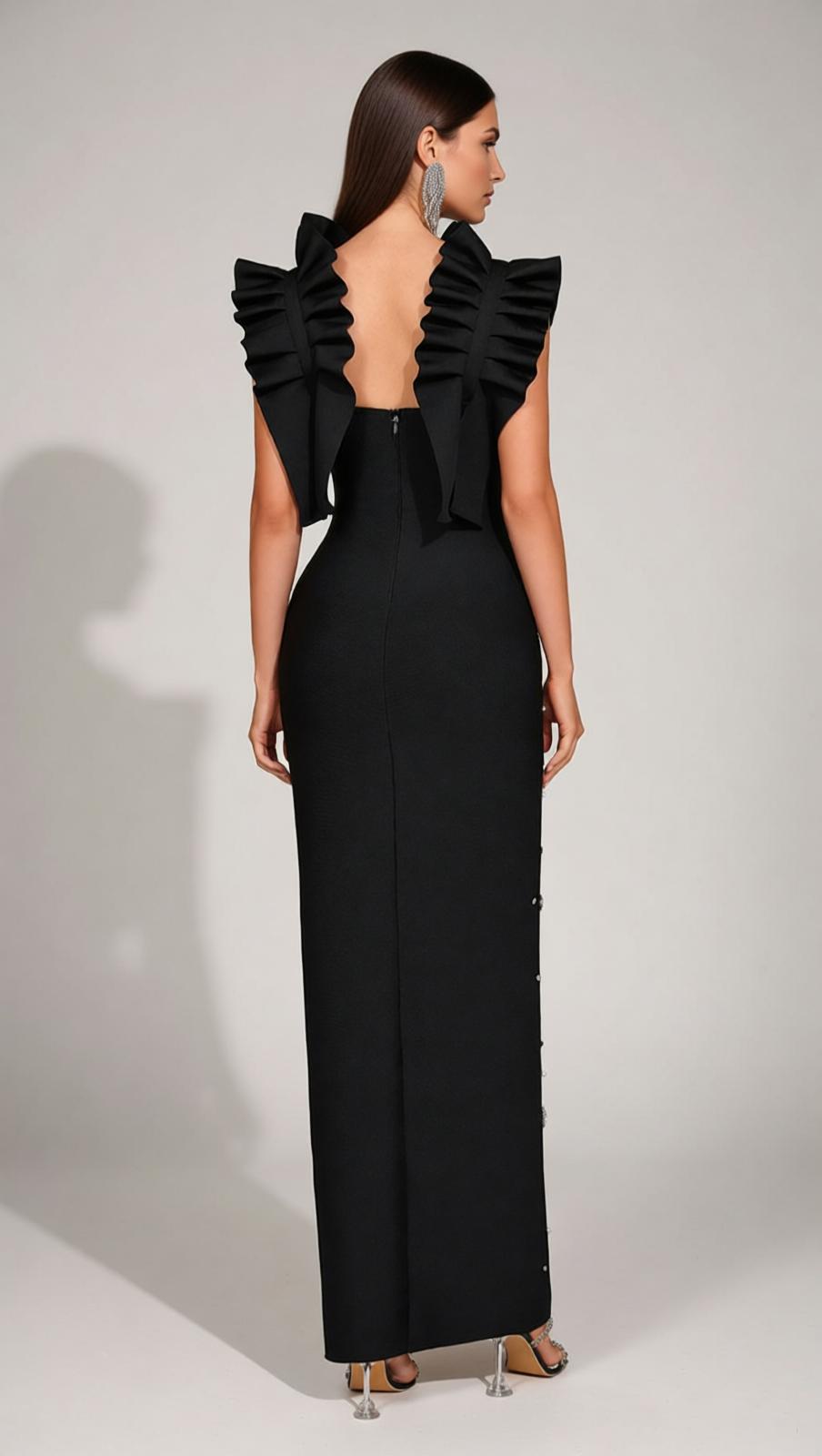 Jamshid Black Pearl & Crystal Embellished Bandage Maxi Dress | High Slit Gown