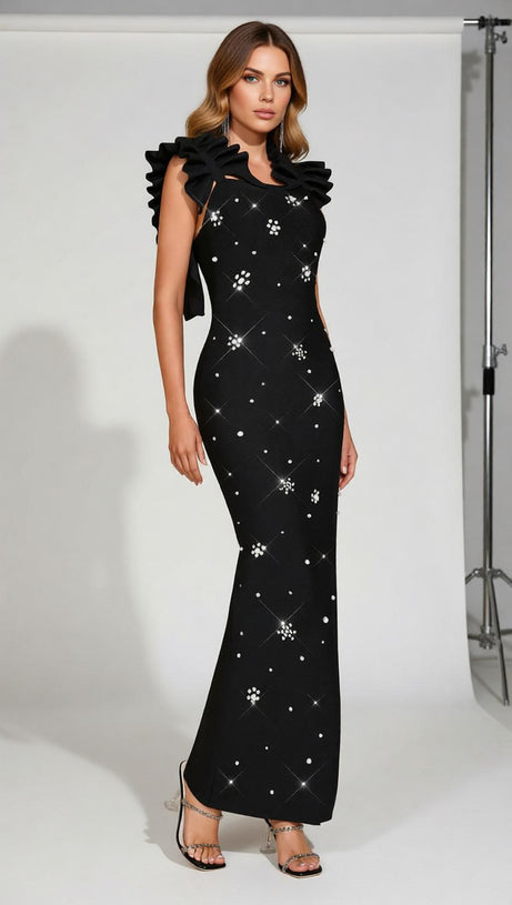 Jamshid Black Pearl & Crystal Embellished Bandage Maxi Dress | High Slit Gown