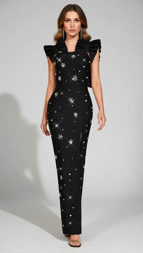 Jamshid Black Pearl & Crystal Embellished Bandage Maxi Dress | High Slit Gown