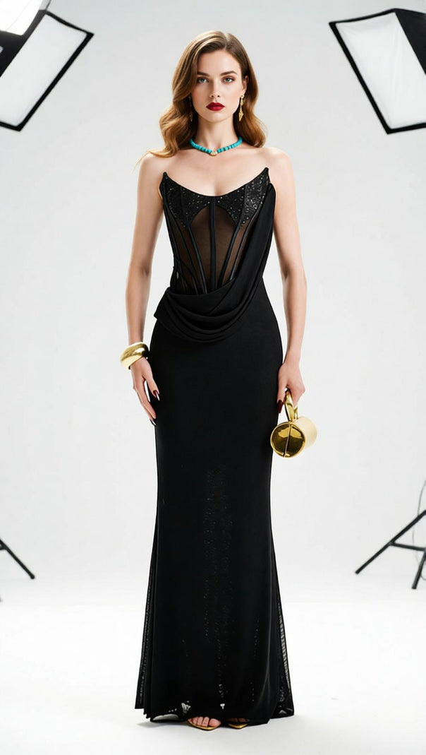 AIIZIE Janan Black Corset Maxi Dress | Ultimate Glamour Evening Gown for Women - product image