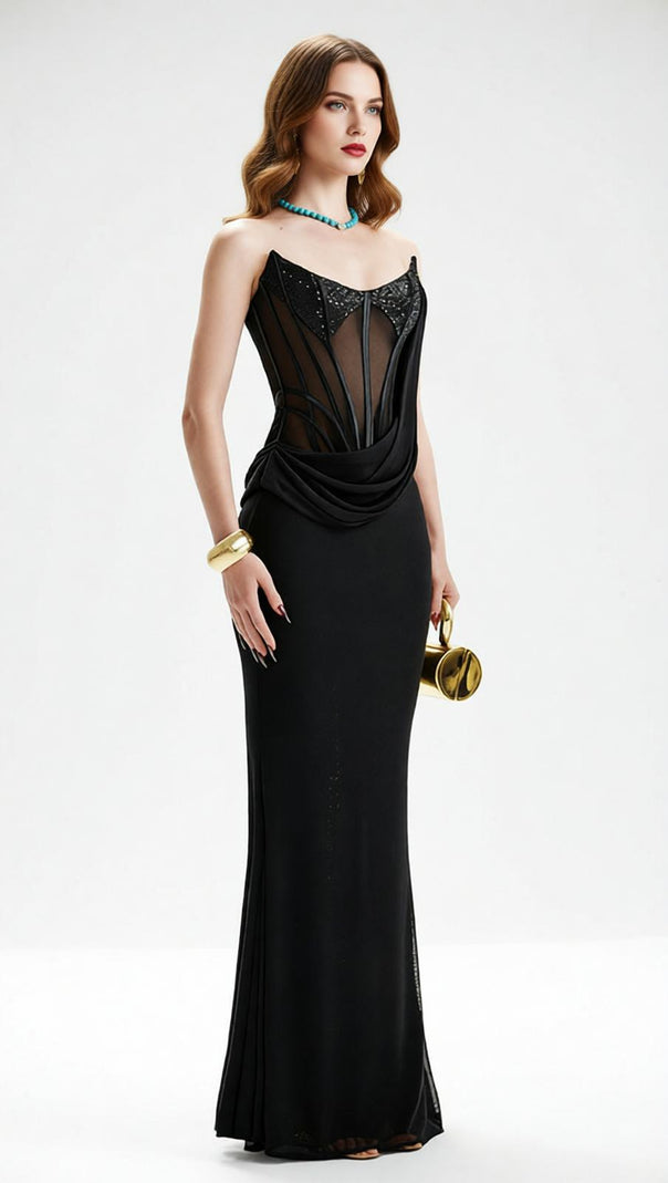 AIIZIE Janan Black Corset Maxi Dress | Ultimate Glamour Evening Gown for Women - product image