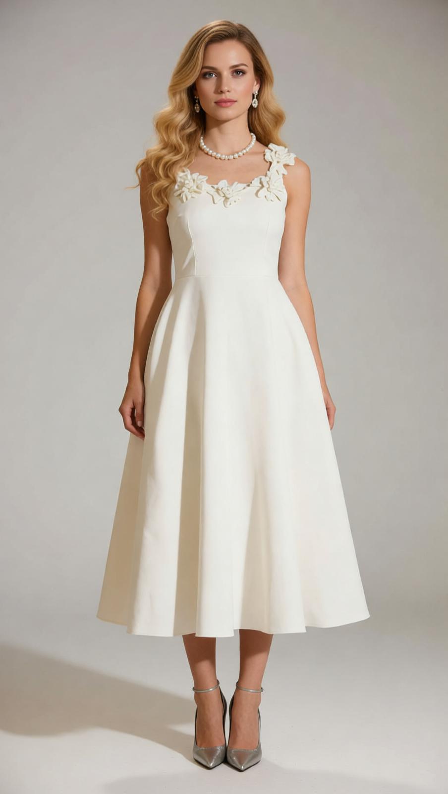 Janan White Floral Midi Dress - Elegant, Romantic & Perfect for Special Occasions