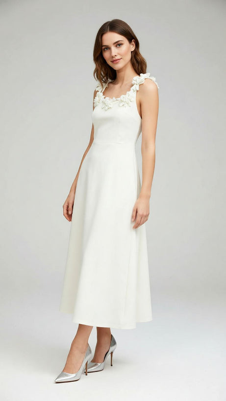 Janan White Floral Midi Dress - Elegant, Romantic & Perfect for Special Occasions