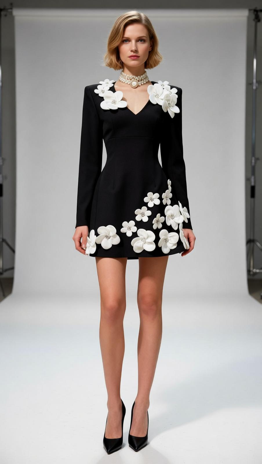Janelle Chic Black Floral Long Sleeve Mini Dress with 3D Embellishments