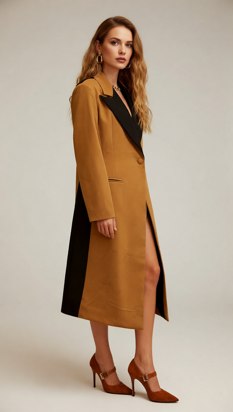 Janette Power Chic Longline Blazer Coat - Tailored Camel & Black