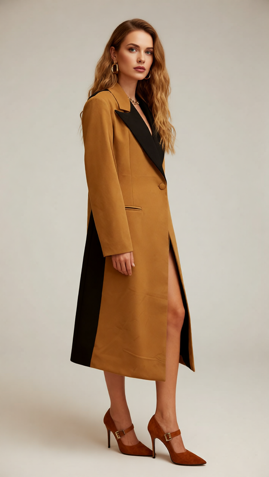 Janette Power Chic Longline Blazer Coat - Tailored Camel & Black