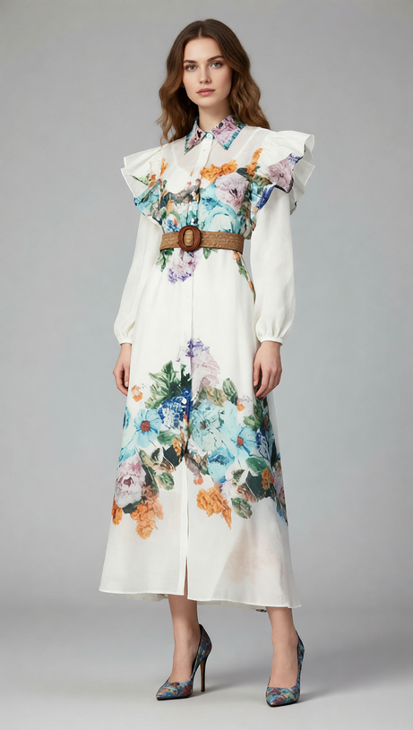 Janie Romantic Floral Ruffled Maxi Shirtdress with Belt