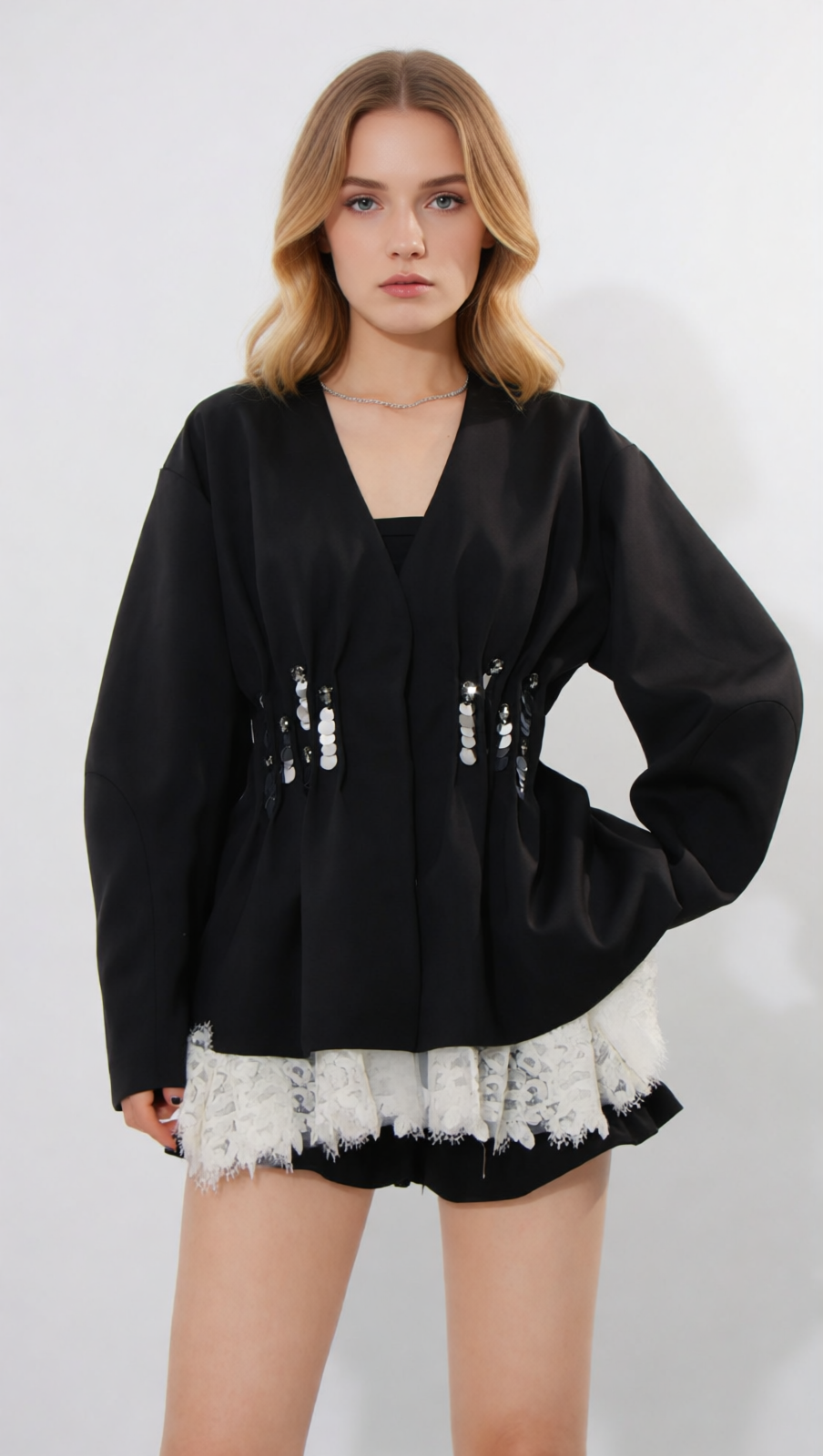 Janina Black Pleated Sequin Embellished Blazer – Chic Lace Patchwork Statement Jacket