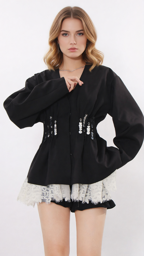 Janina Black Pleated Sequin Embellished Blazer – Chic Lace Patchwork Statement Jacket