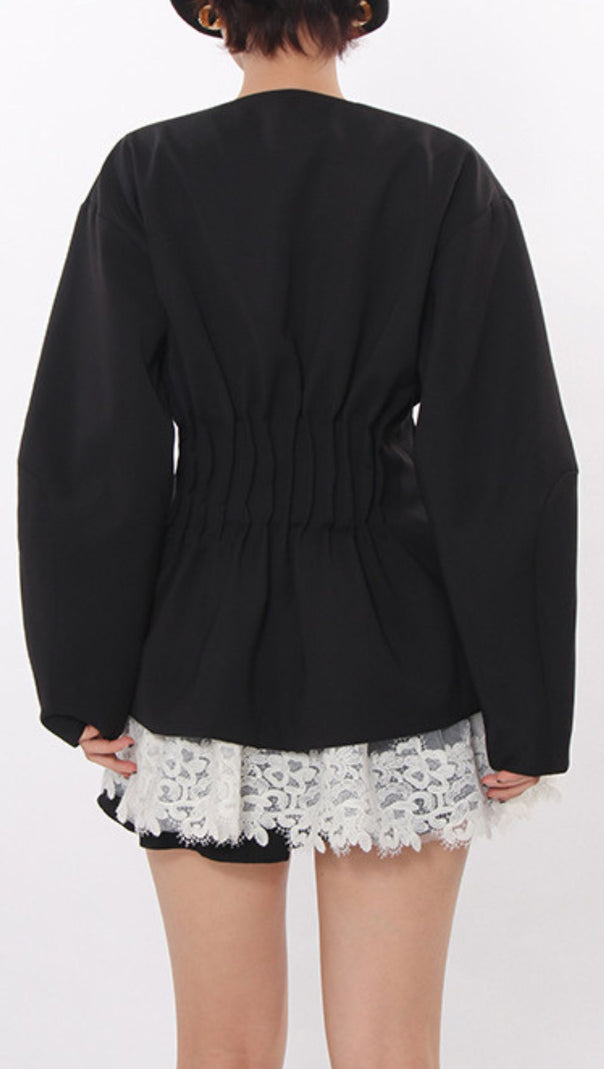 AIIZIE Janina Black Pleated Sequin Embellished Blazer – Chic Lace Patchwork Statement Jacket - product image