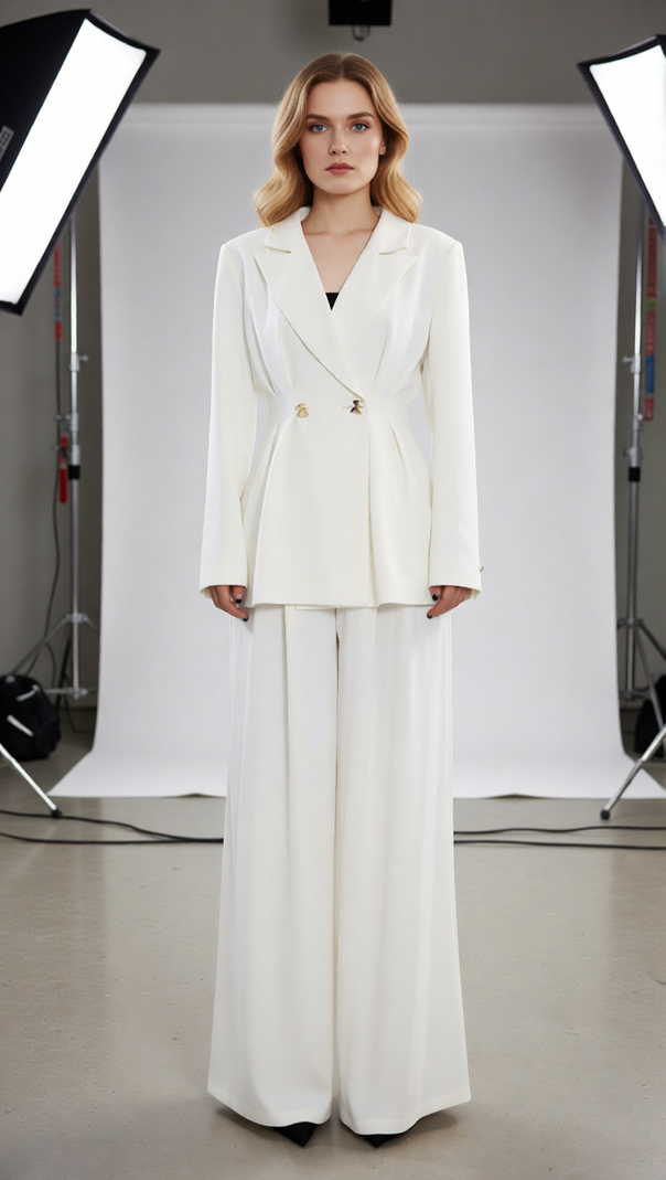 AIIZIE Janine Chic White Power Suit Set: Tailored Blazer & Wide-Leg Trousers - product image
