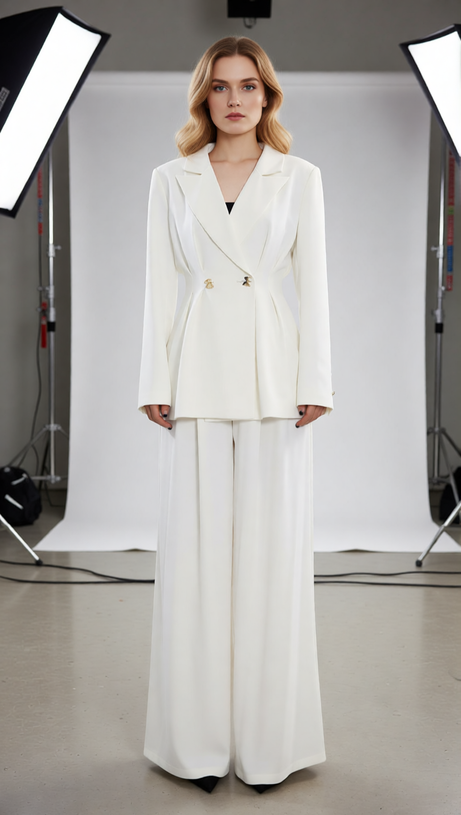 Janine Chic White Power Suit Set: Tailored Blazer & Wide-Leg Trousers