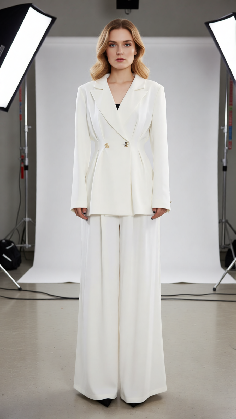 Janine Chic White Power Suit Set: Tailored Blazer & Wide-Leg Trousers