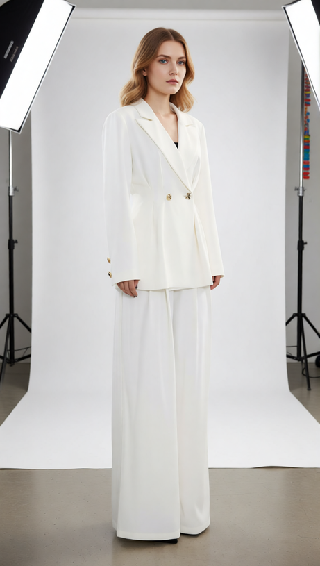 Janine Chic White Power Suit Set: Tailored Blazer & Wide-Leg Trousers