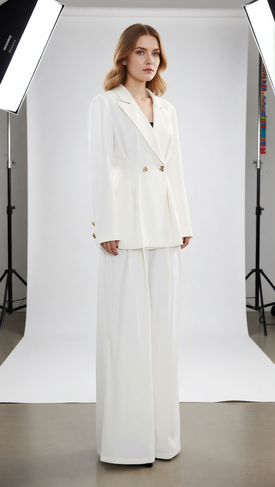 Janine Chic White Power Suit Set: Tailored Blazer & Wide-Leg Trousers