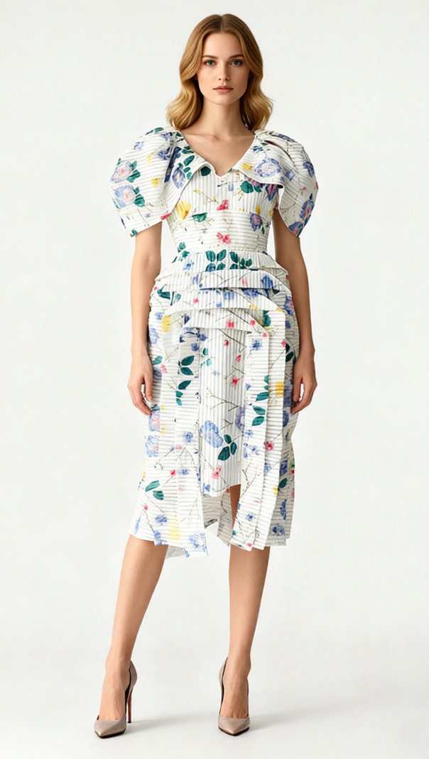AIIZIE Janis Chic Floral Stripe Puff Sleeve Midi Dress - Romantic & Elegant - product image
