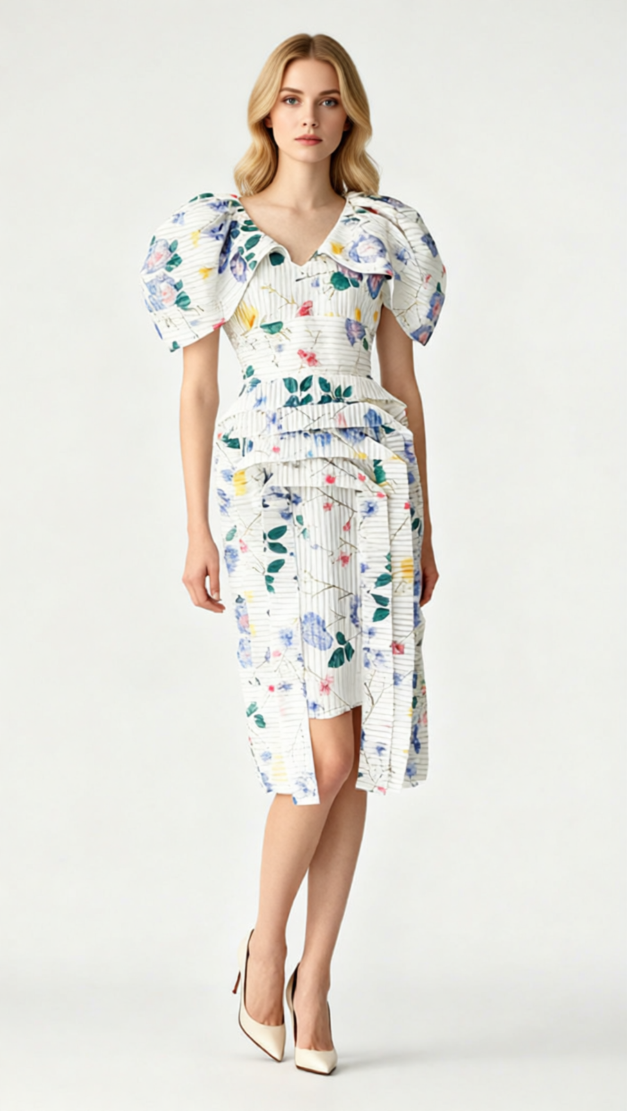 Janis Chic Floral Stripe Puff Sleeve Midi Dress - Romantic & Elegant