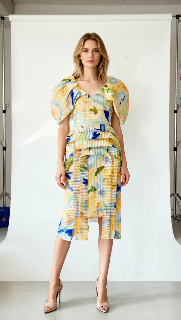 AIIZIE Janis Vibrant Yellow Floral Puff Sleeve Midi Dress - product image