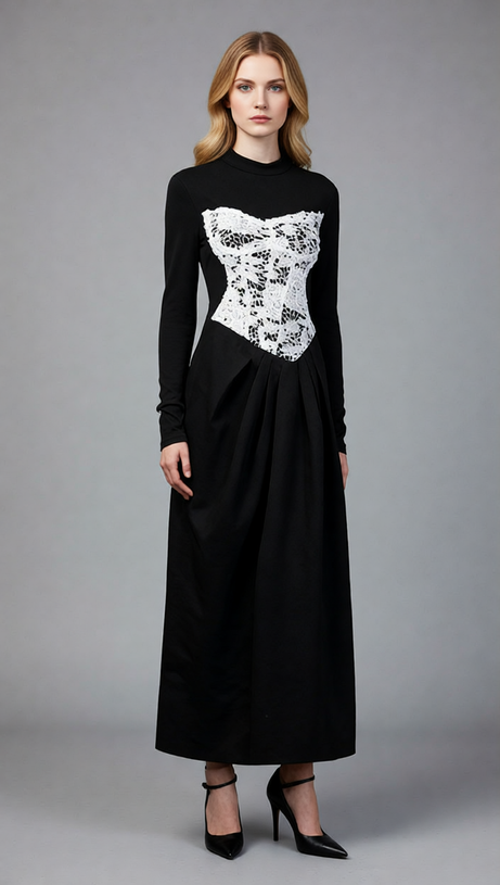 Elegant Black Maxi Dress with White Lace Corset Bodice | Long Sleeve Formal Gown