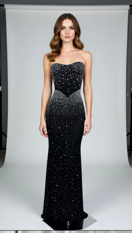 Janny Sparkle Strapless Maxi Dress - Diamond Crystal Evening Gown