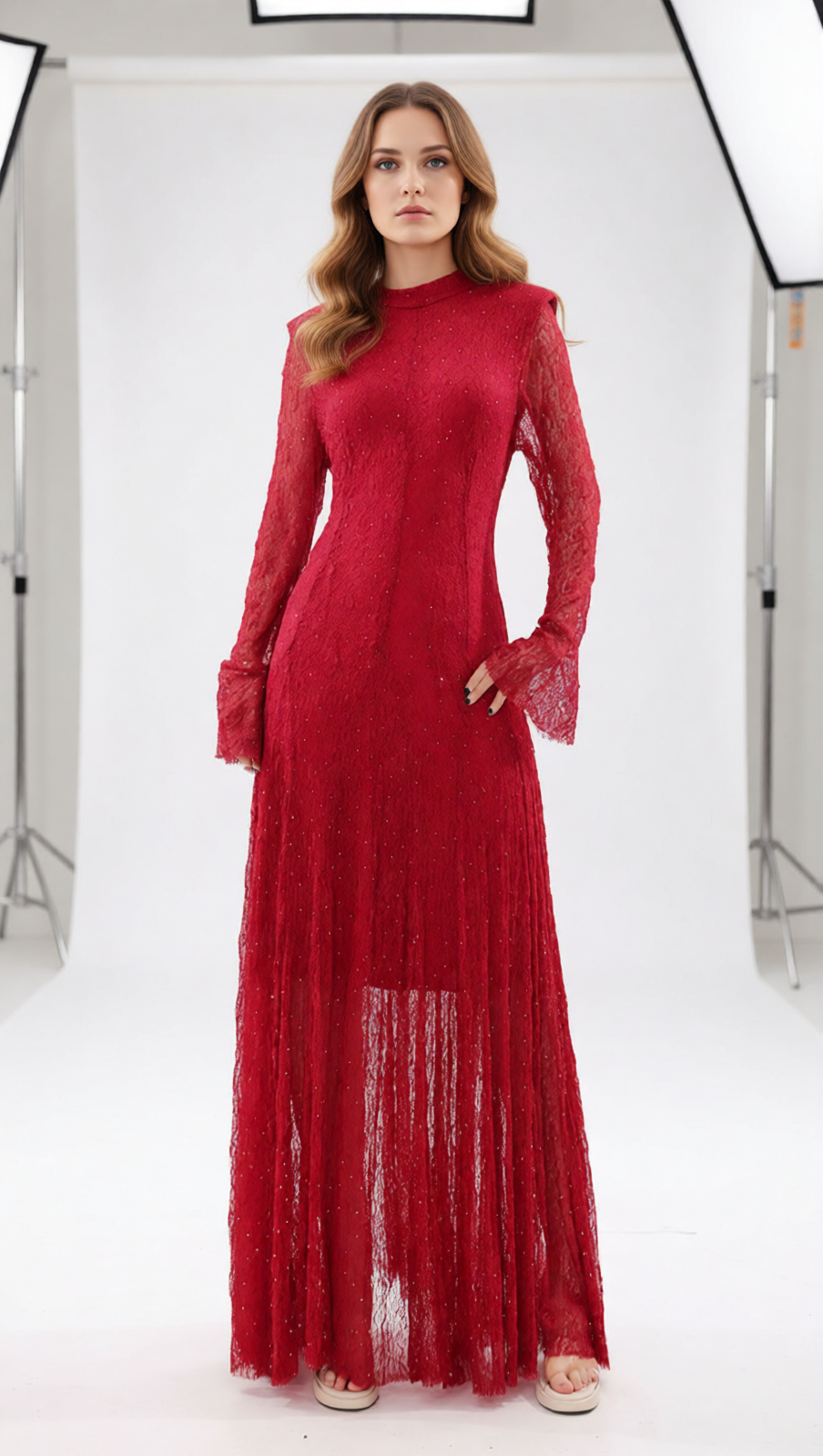 Stunning Ruby Red Sparkle Lace Maxi Dress - Long Sleeve Evening Gown