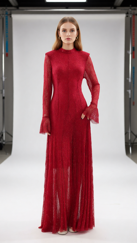 Stunning Ruby Red Sparkle Lace Maxi Dress - Long Sleeve Evening Gown AIIZIE Stunning Ruby Red Sparkle Lace Maxi Dress - Long Sleeve Evening Gown AIIZIE