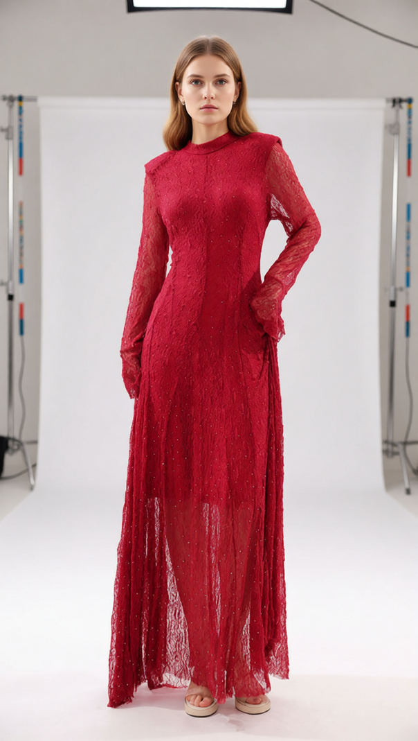AIIZIE Stunning Ruby Red Sparkle Lace Maxi Dress - Long Sleeve Evening Gown - product image