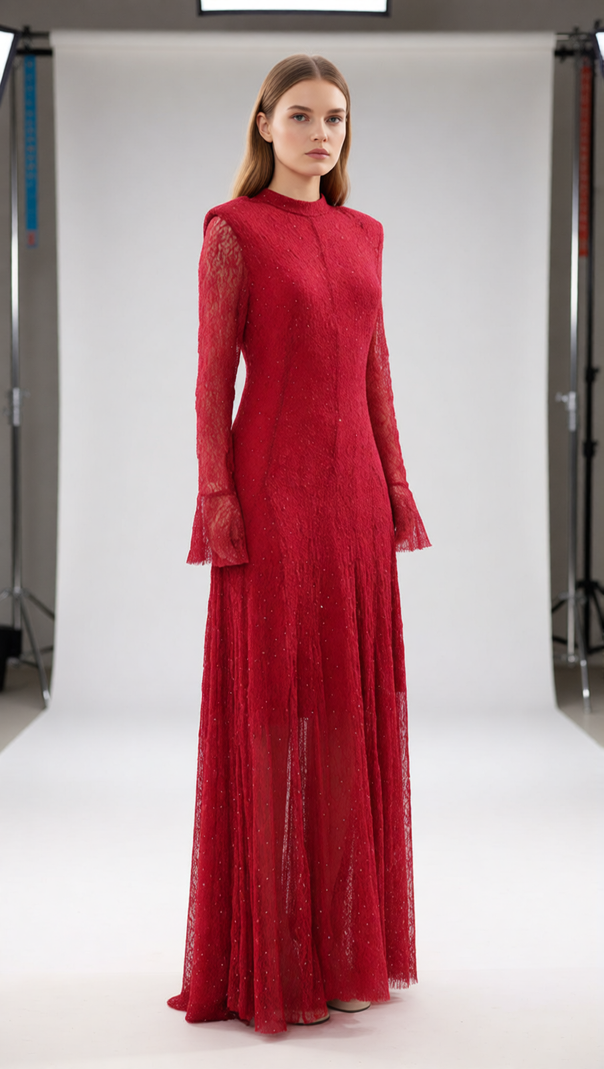 AIIZIE Stunning Ruby Red Sparkle Lace Maxi Dress - Long Sleeve Evening Gown - product image