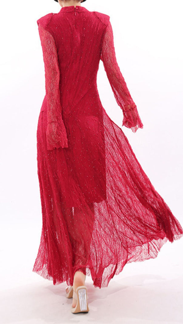 AIIZIE Stunning Ruby Red Sparkle Lace Maxi Dress - Long Sleeve Evening Gown - product image