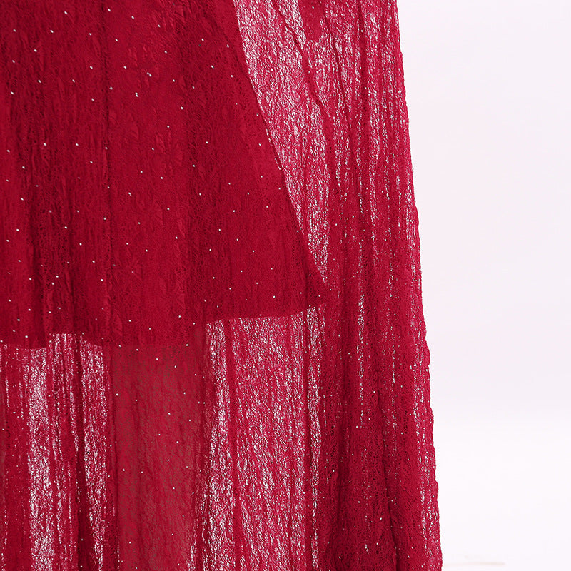 Stunning Ruby Red Sparkle Lace Maxi Dress - Long Sleeve Evening Gown