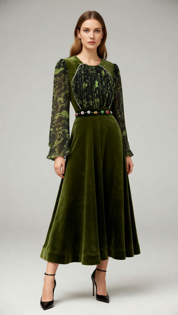 AIIZIE Jaren Luxe Emerald Velvet Maxi Dress with Jeweled Belt & Printed Sleeves - product image