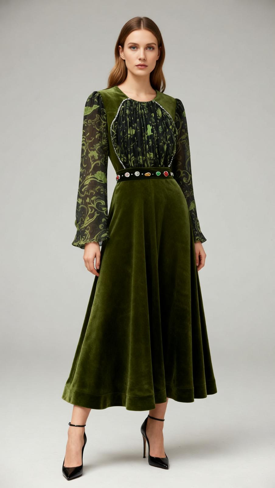 Jaren Luxe Emerald Velvet Maxi Dress with Jeweled Belt & Printed Sleeves