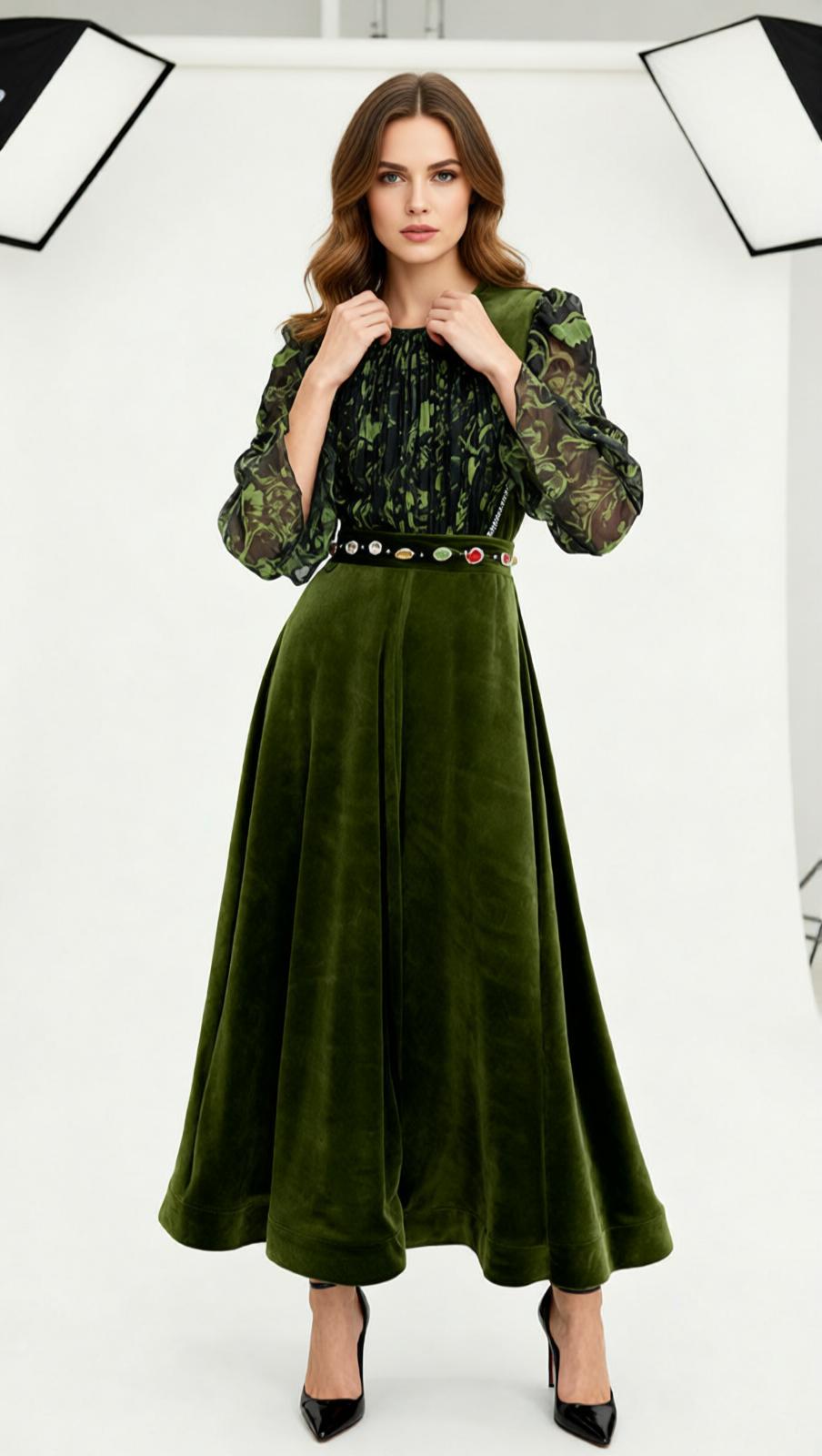 Jaren Luxe Emerald Velvet Maxi Dress with Jeweled Belt & Printed Sleeves