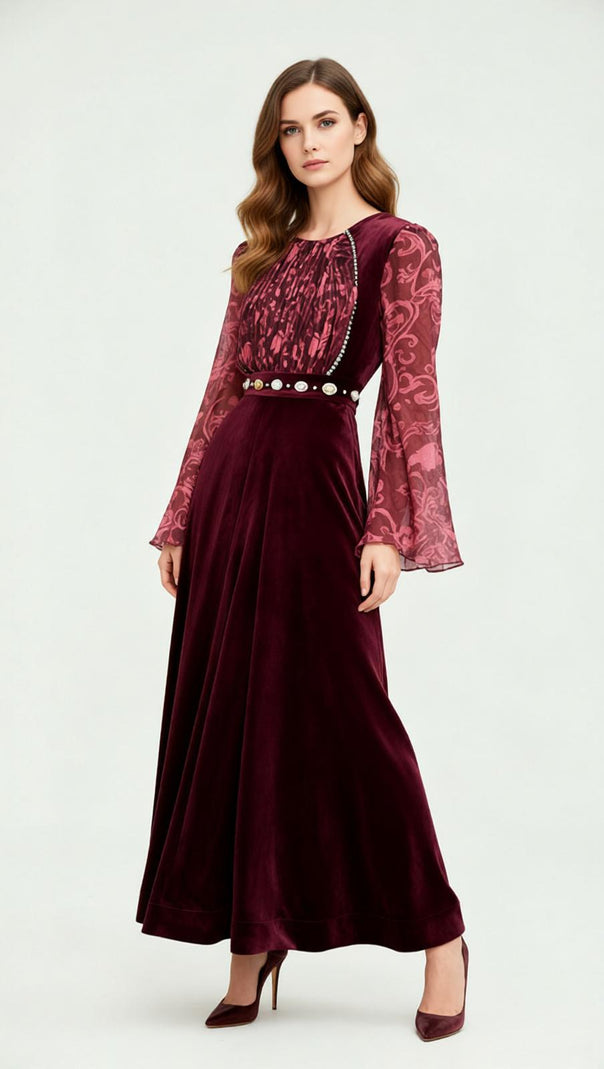 AIIZIE Jaren Luxe Emerald Velvet Maxi Dress with Jeweled Belt & Printed Sleeves - product image