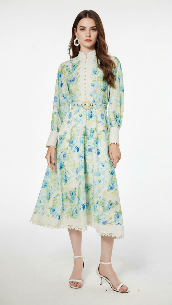 AIIZIE Chic Green & Blue Floral Long Sleeve Midi Dress - Elegant Garden Party Attire - product image