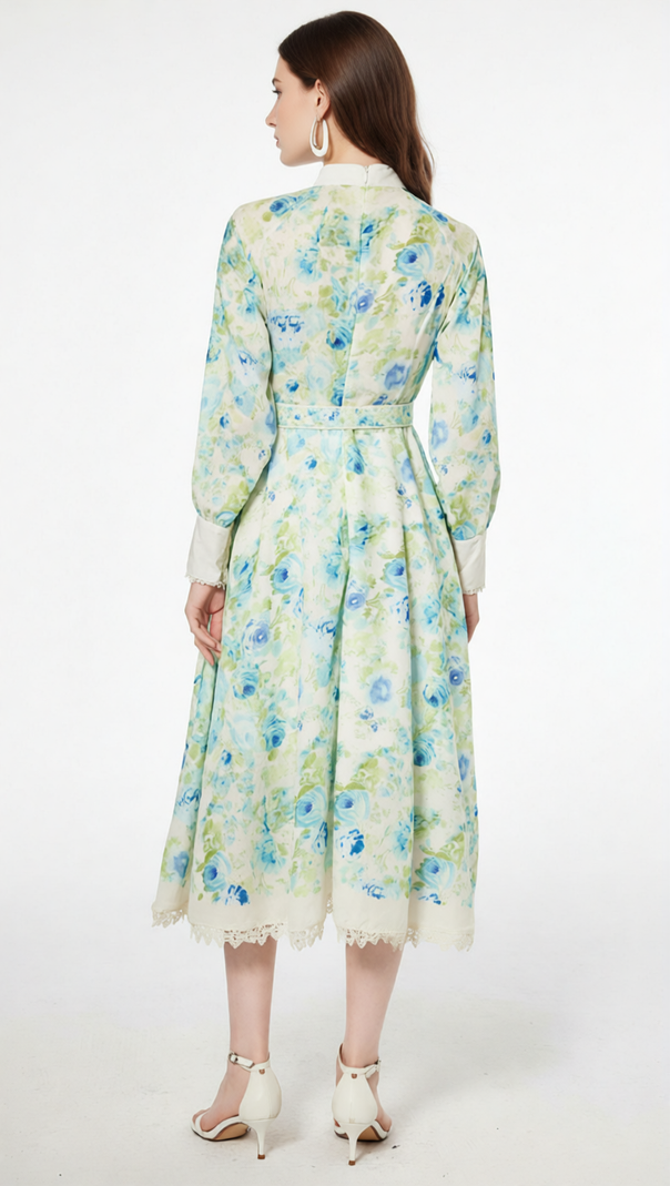 AIIZIE Chic Green & Blue Floral Long Sleeve Midi Dress - Elegant Garden Party Attire - product image