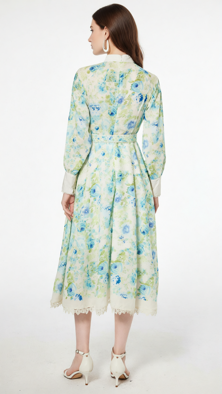 Chic Green & Blue Floral Long Sleeve Midi Dress - Elegant Garden Party Attire