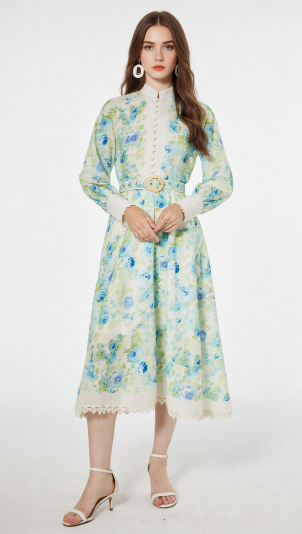 AIIZIE Chic Green & Blue Floral Long Sleeve Midi Dress - Elegant Garden Party Attire - product image