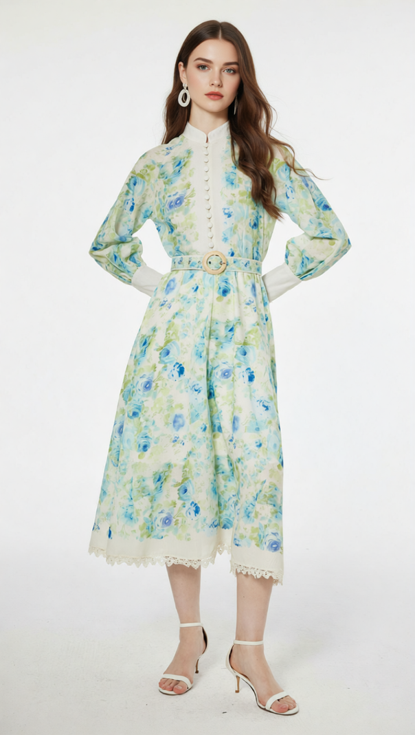 AIIZIE Chic Green & Blue Floral Long Sleeve Midi Dress - Elegant Garden Party Attire - product image
